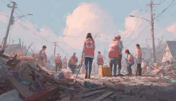 災害現場でボランティア活動を行う人々のイメージ