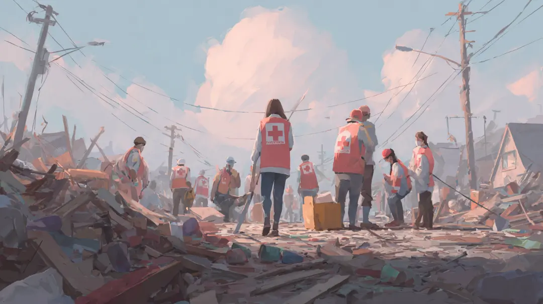 災害現場でボランティア活動を行う人々のイメージ