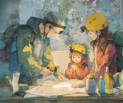 非常用バッグと防災用品を準備する家庭の様子を描いた水彩イラスト 災害時の備えのイメージ