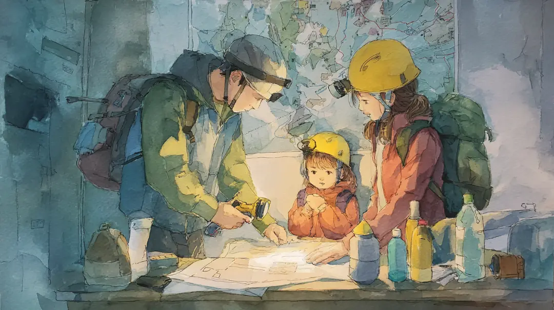 非常用バッグと防災用品を準備する家庭の様子を描いた水彩イラスト 災害時の備えのイメージ