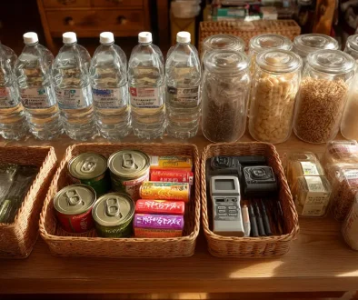 災害時に備えて水や非常食、簡易トイレ、防災用品を家庭で備蓄しているイメージ