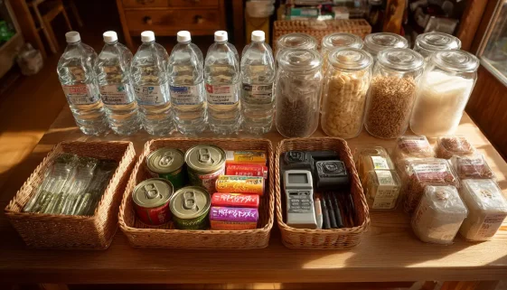 災害時に備えて水や非常食、簡易トイレ、防災用品を家庭で備蓄しているイメージ