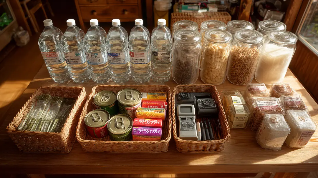 災害時に備えて水や非常食、簡易トイレ、防災用品を家庭で備蓄しているイメージ