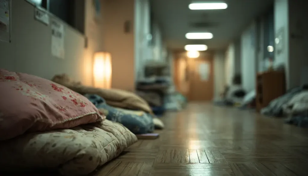 災害後の心のケアをイメージした落ち着いた避難空間と寄り添う支援の様子