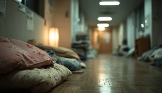 災害後の心のケアをイメージした落ち着いた避難空間と寄り添う支援の様子