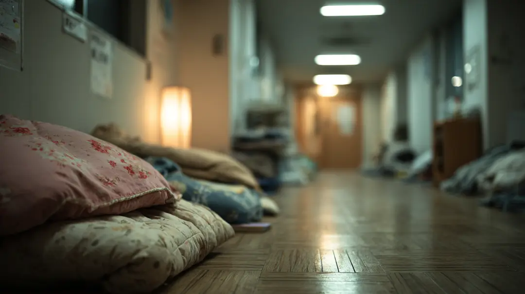 災害後の心のケアをイメージした落ち着いた避難空間と寄り添う支援の様子