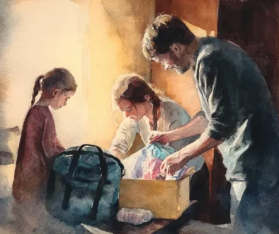 災害バックの中身を確認する家族のイラスト