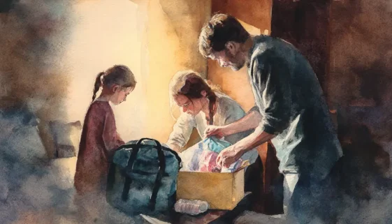 災害バックの中身を確認する家族のイラスト