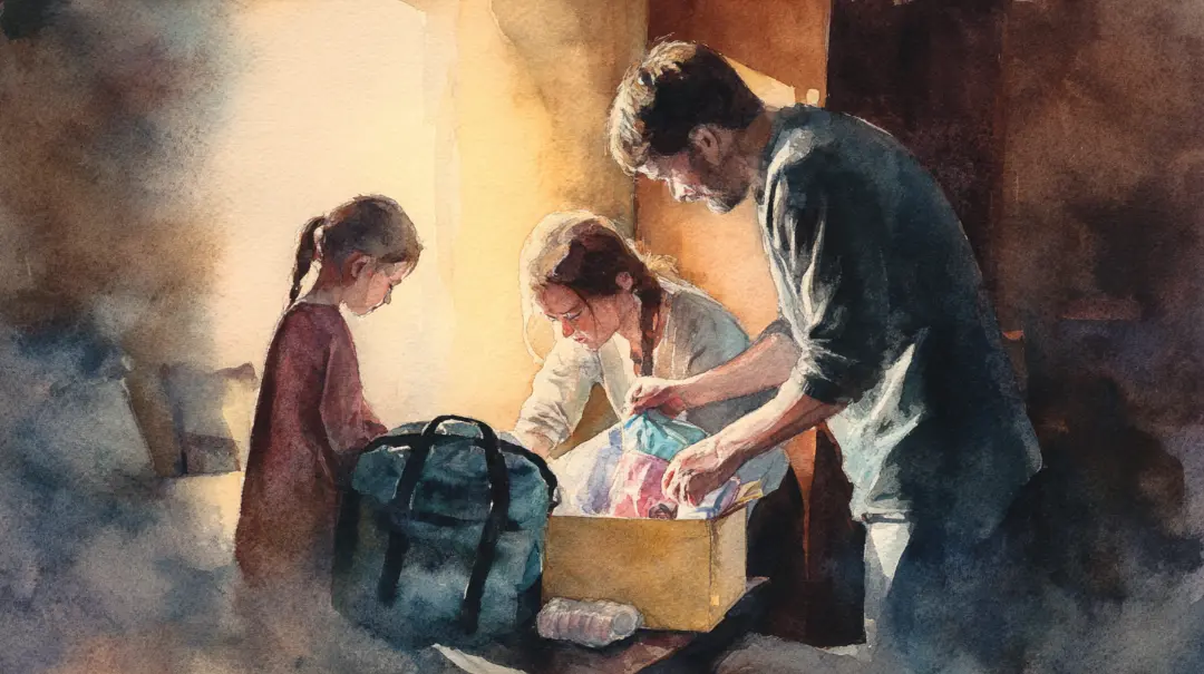 災害バックの中身を確認する家族のイラスト