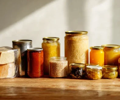 非常時の保存食をテーブルに並べたイメージ画像