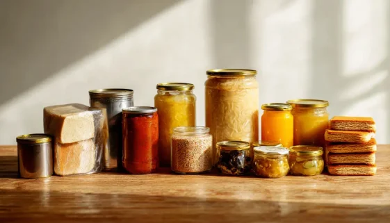 非常時の保存食をテーブルに並べたイメージ画像