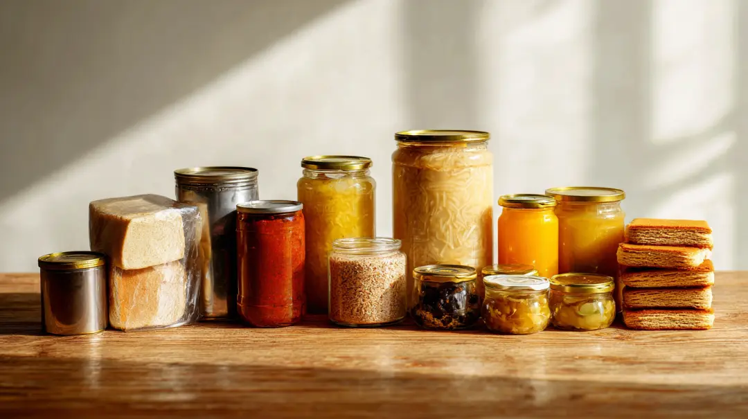 非常時の保存食をテーブルに並べたイメージ画像