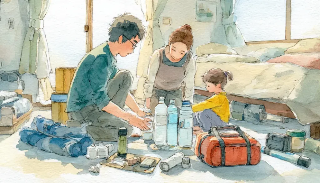 非常用キットや防災用品を準備する家庭の様子を描いた水彩イラスト 災害対策と避難準備のイメージ