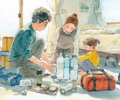 非常用キットや防災用品を準備する家庭の様子を描いた水彩イラスト 災害対策と避難準備のイメージ