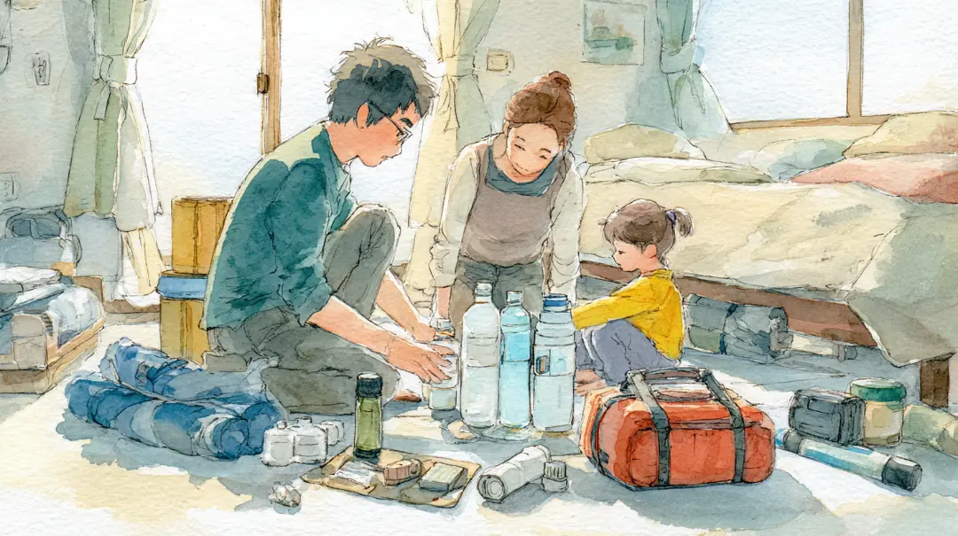 非常用キットや防災用品を準備する家庭の様子を描いた水彩イラスト 災害対策と避難準備のイメージ