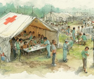 災害救助法に基づく避難所運営や復旧支援の様子を表現した水彩イラスト 日本の災害支援事例