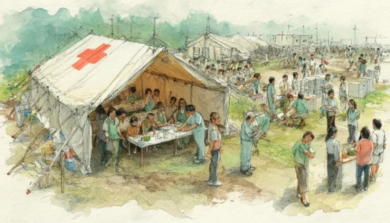 災害救助法に基づく避難所運営や復旧支援の様子を表現した水彩イラスト 日本の災害支援事例