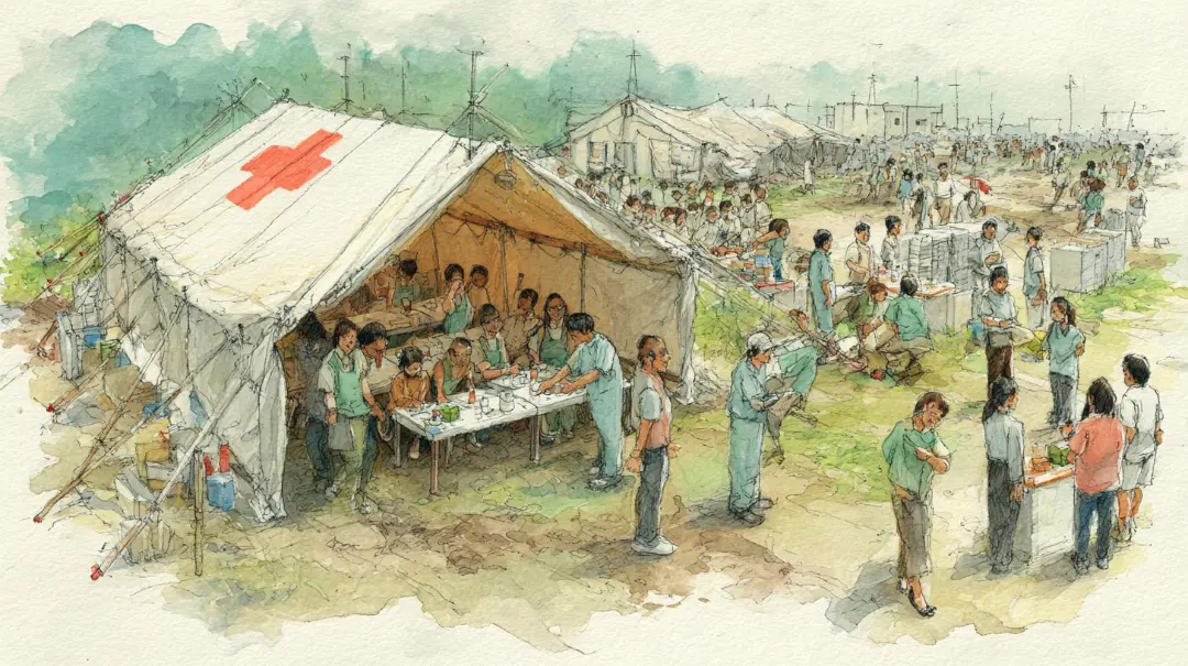 災害救助法に基づく避難所運営や復旧支援の様子を表現した水彩イラスト 日本の災害支援事例