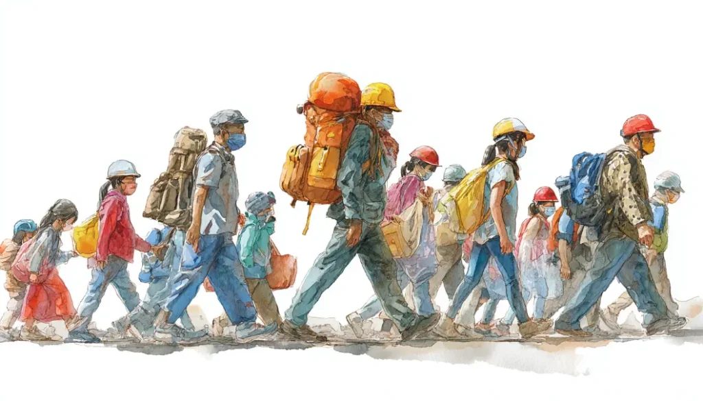 災害時に身を守るための行動と避難準備を表現した水彩イラスト 正しい防災行動のイメージ