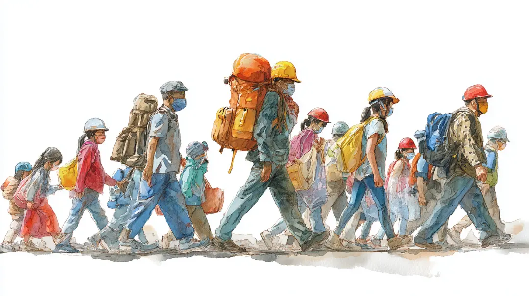 災害時に身を守るための行動と避難準備を表現した水彩イラスト 正しい防災行動のイメージ