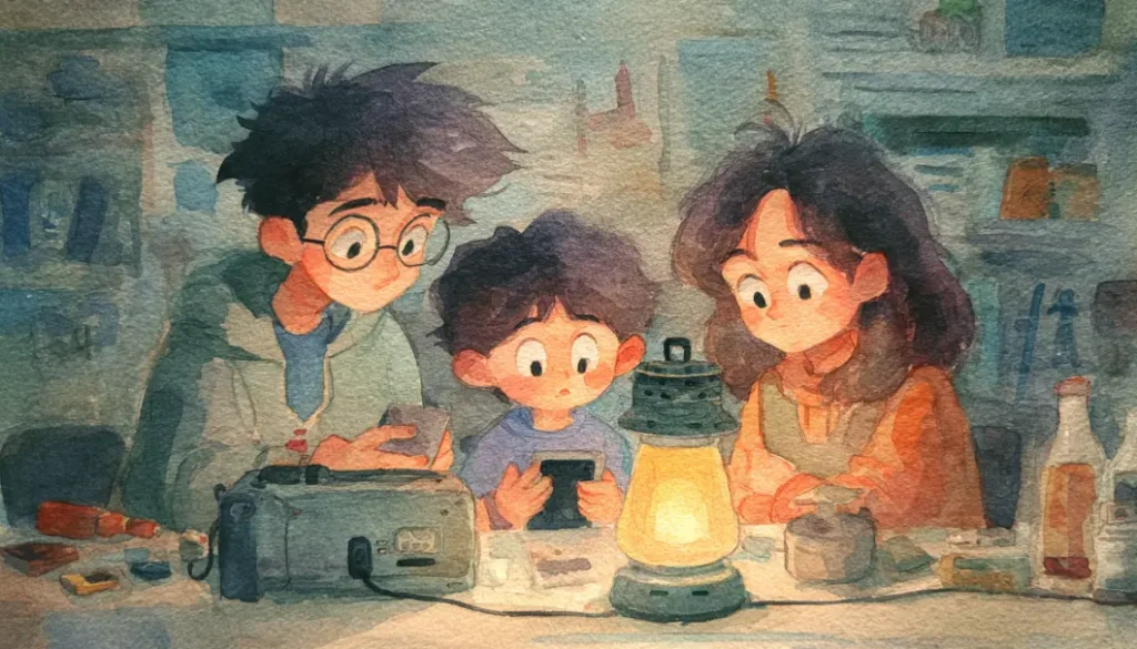 停電を想定した家庭でポータブル電源を使いスマホ充電とLEDライトを使用している様子