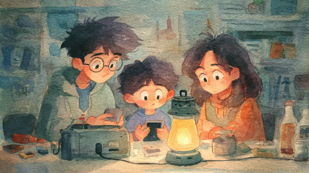 停電を想定した家庭でポータブル電源を使いスマホ充電とLEDライトを使用している様子